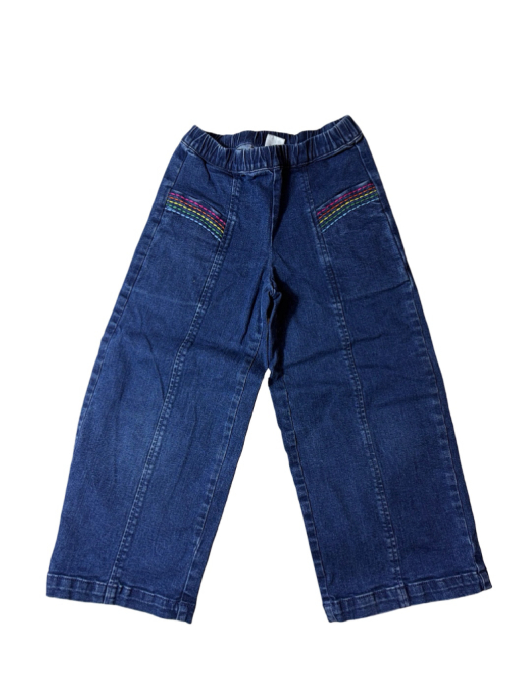 Hanna Andersson Girls Size 8 Rainbow Stitch Wide Leg Denim Jeans Pull On